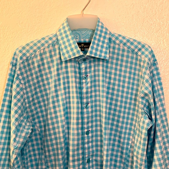 BERTIGO Plaid Shirt, Button Down, Long Sleeve, Purple Stitch details Sz. 5/NWOT - Picture 4 of 17